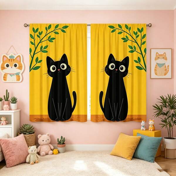 2PCS Cute Cartoon Kitten Print Light Sheer Curtains, 90GSM Semi-Sheer For Privacy Protection. Easy Rod Pocket Installation, Quick-Dry, Fade-Resistant After Washing, Lightweight And Washable. Ideal For Home, Room And Kitchen Decor & Space Dividers.